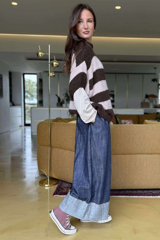  Big Softie Block Stripe Cap Sleeve Knit Top Chocolate Rose /15=